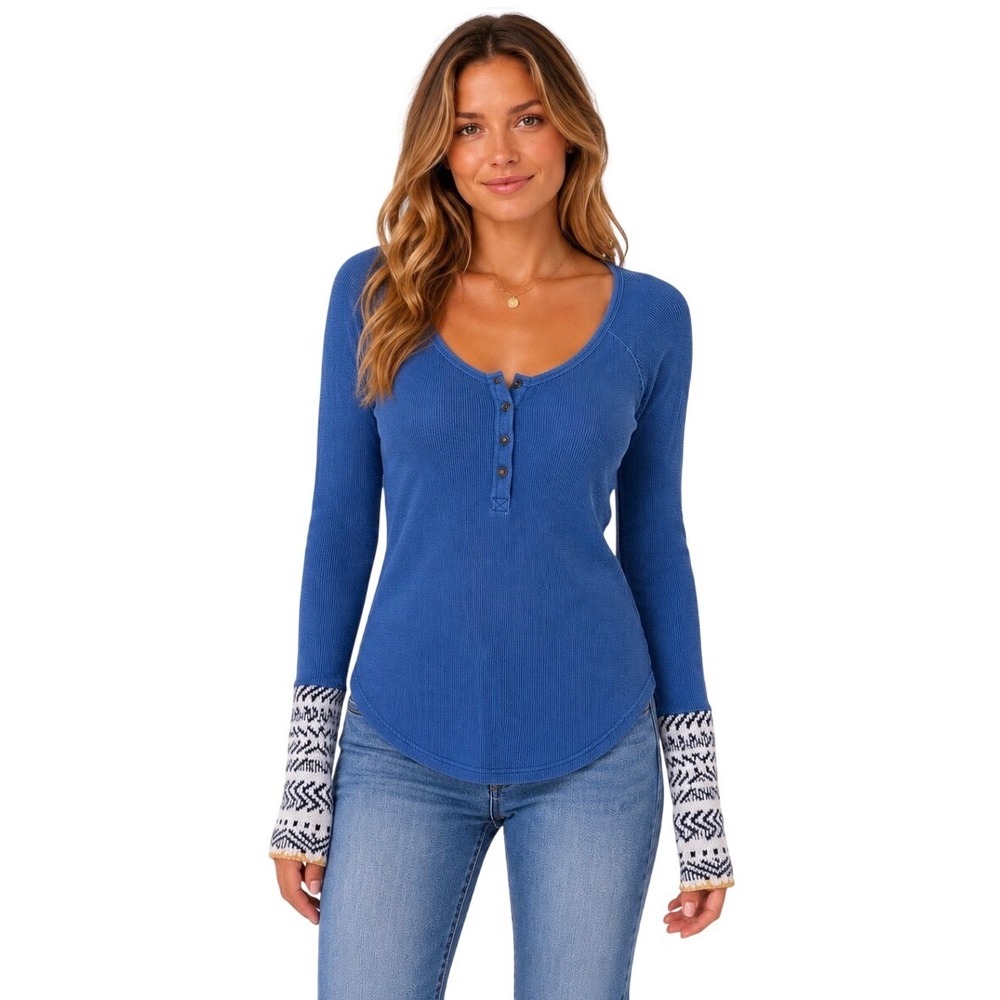 Free People Rainbow Thermal Henley Top Blue Long Sleeve Fair Isle Cuff Small